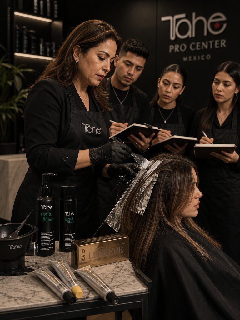 Equipo de Tahe Pro Center México con producto en el salón